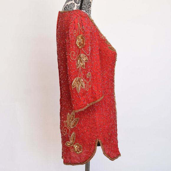Vintage 80's Red and Gold Beaded Silk Top w/Shoulder Pads Size 12 - Picture 2 of 16
